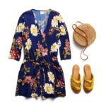 Stitch Fix Women’s Collection featuring floral romper, yellow sandal and woven crossbody bag.