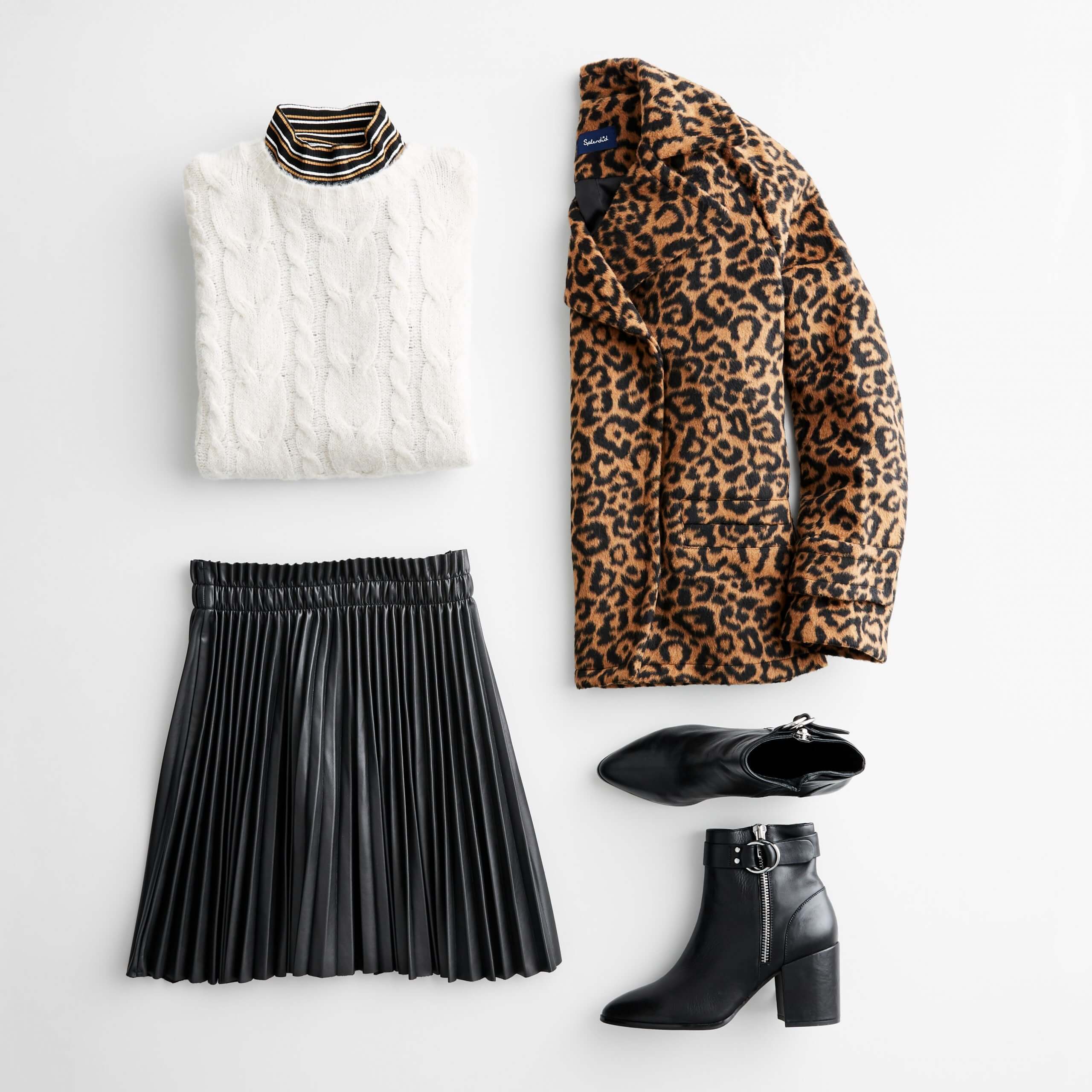 Stitch Fix Women's outfit laydown featuring white cable knit pullover over turtleneck, black skirt, animal print jacket and black heeled booties. 