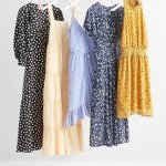 Stitch Fix Women’s dresses hanging on clothing rack featuring mini, midi and maxi styles with various shoes.