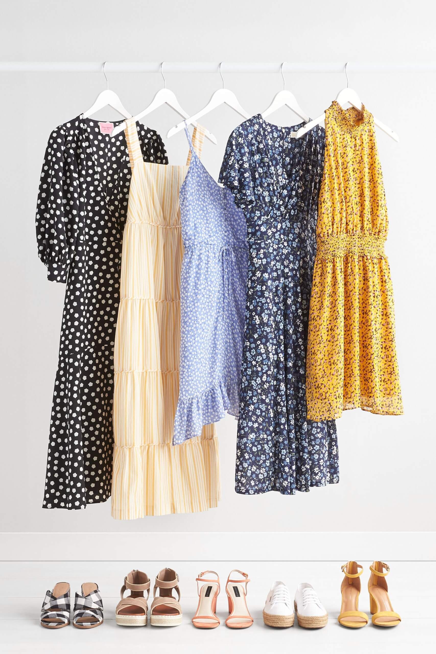 Stitch Fix Women’s Easter outfits featuring black dot midi dress, yellow striped tiered dress, ditsy floral dress, microfloral mini dresses and five pairs of shoes.