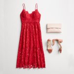 Stitch Fix women’s laydown featuring red lace midi dress, blush clutch and blush block heels.
