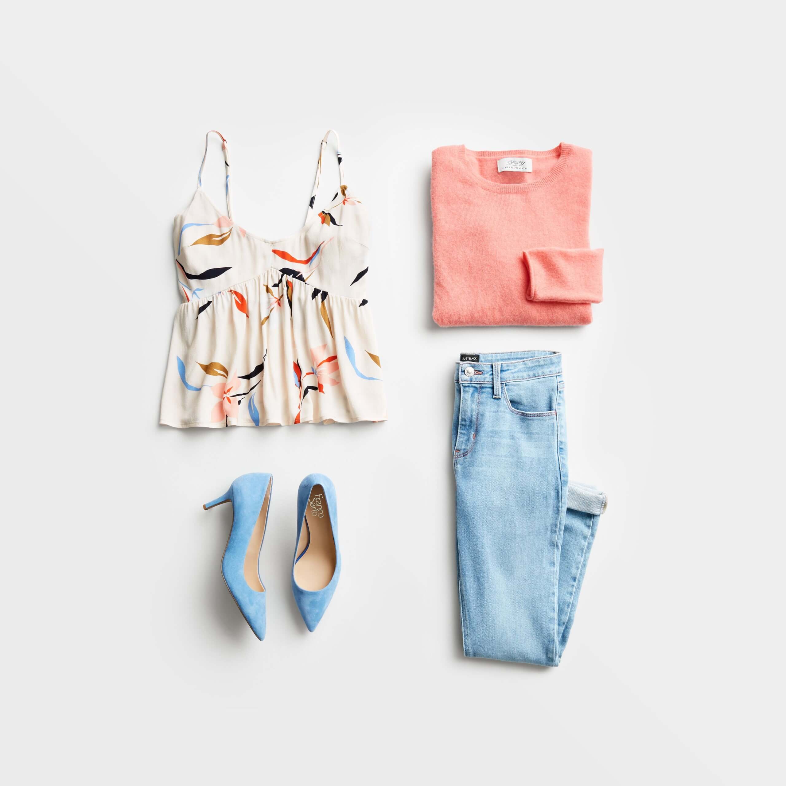 Stitch Fix Women’s date night at home featuring blue jeans, white patterned tank, peach sweater and light blue heels.