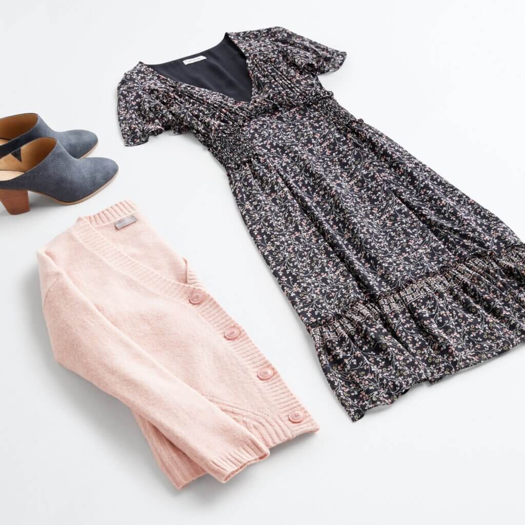 Stitch Fix women’s winter dress outfit with floral midi dress, blush pink button-up cardigan and grey suede mule booties.