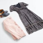 Stitch Fix women’s winter dress outfit with floral midi dress, blush pink button-up cardigan and grey suede mule booties.