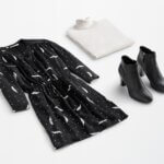 Stitch Fix women’s winter business casual outfit with black printed dress, white turtleneck and black ankle boots.