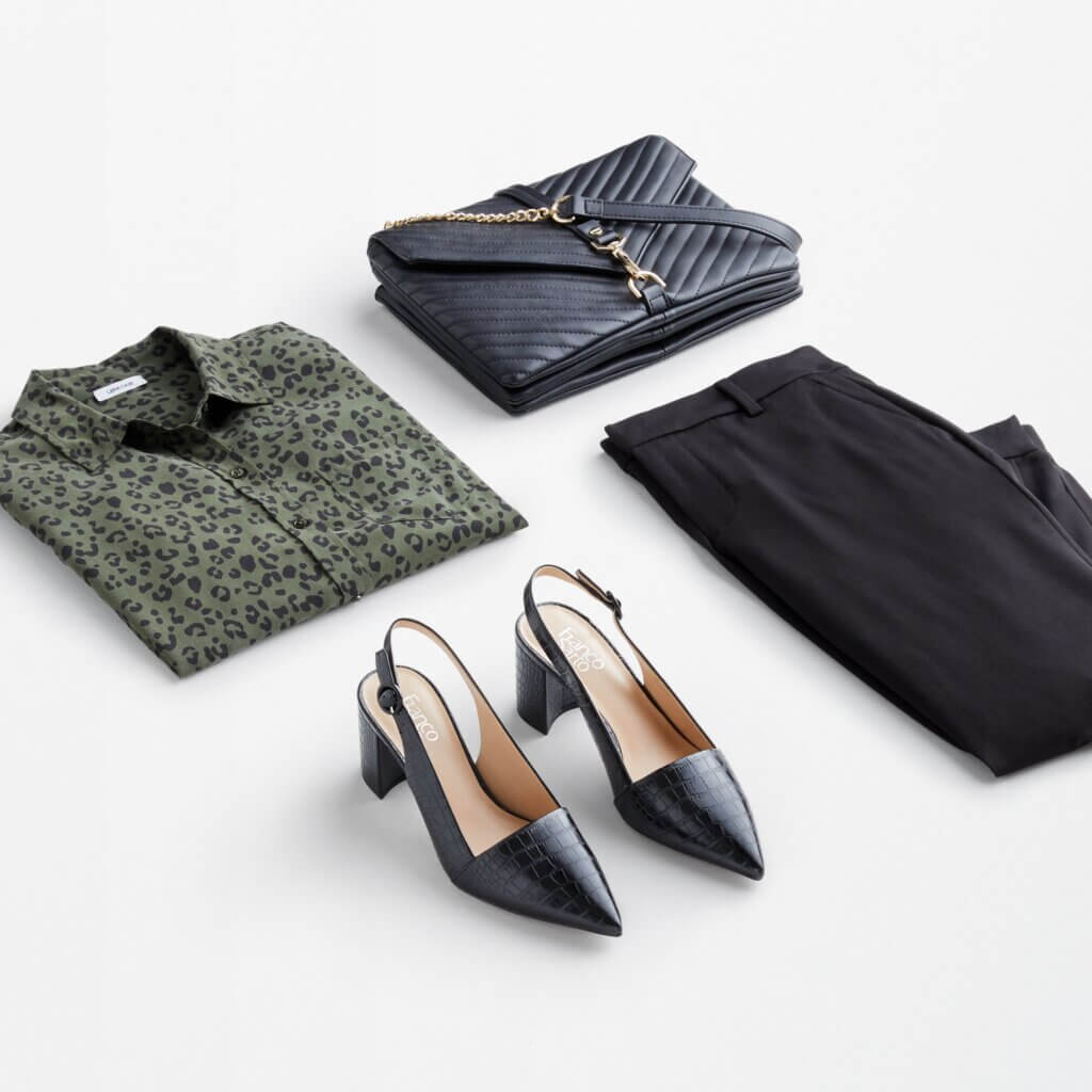 Stitch Fix Summer Cocktail Attire olive animal-print buttoned blouse, black pants, black heels and black crossbody bag.