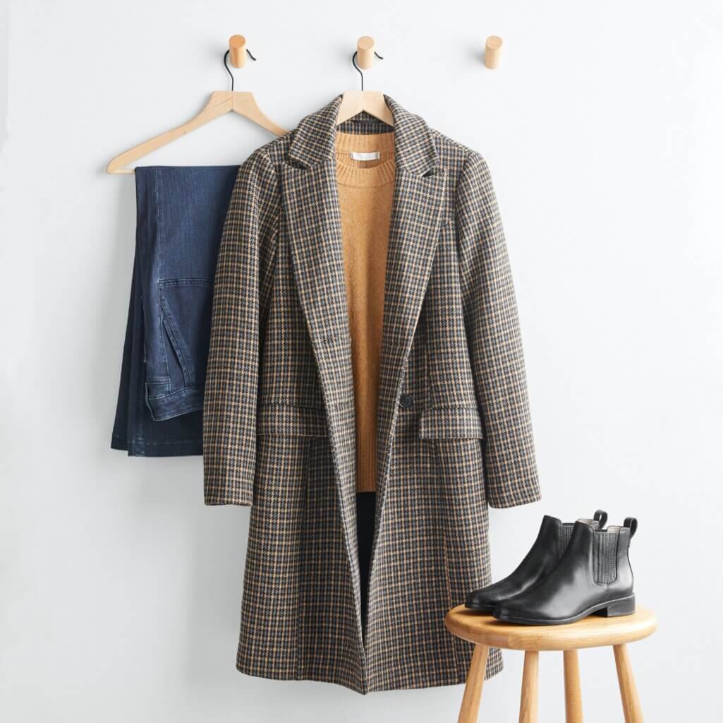 Stitch Fix women’s boots with jeans outfit featuring dark-wash jeans, tan sweater and window-pane coat on hangers with black Chelsea boots on stool.