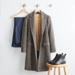 Stitch Fix women’s boots with jeans outfit featuring dark-wash jeans, tan sweater and window-pane coat on hangers with black Chelsea boots on stool.