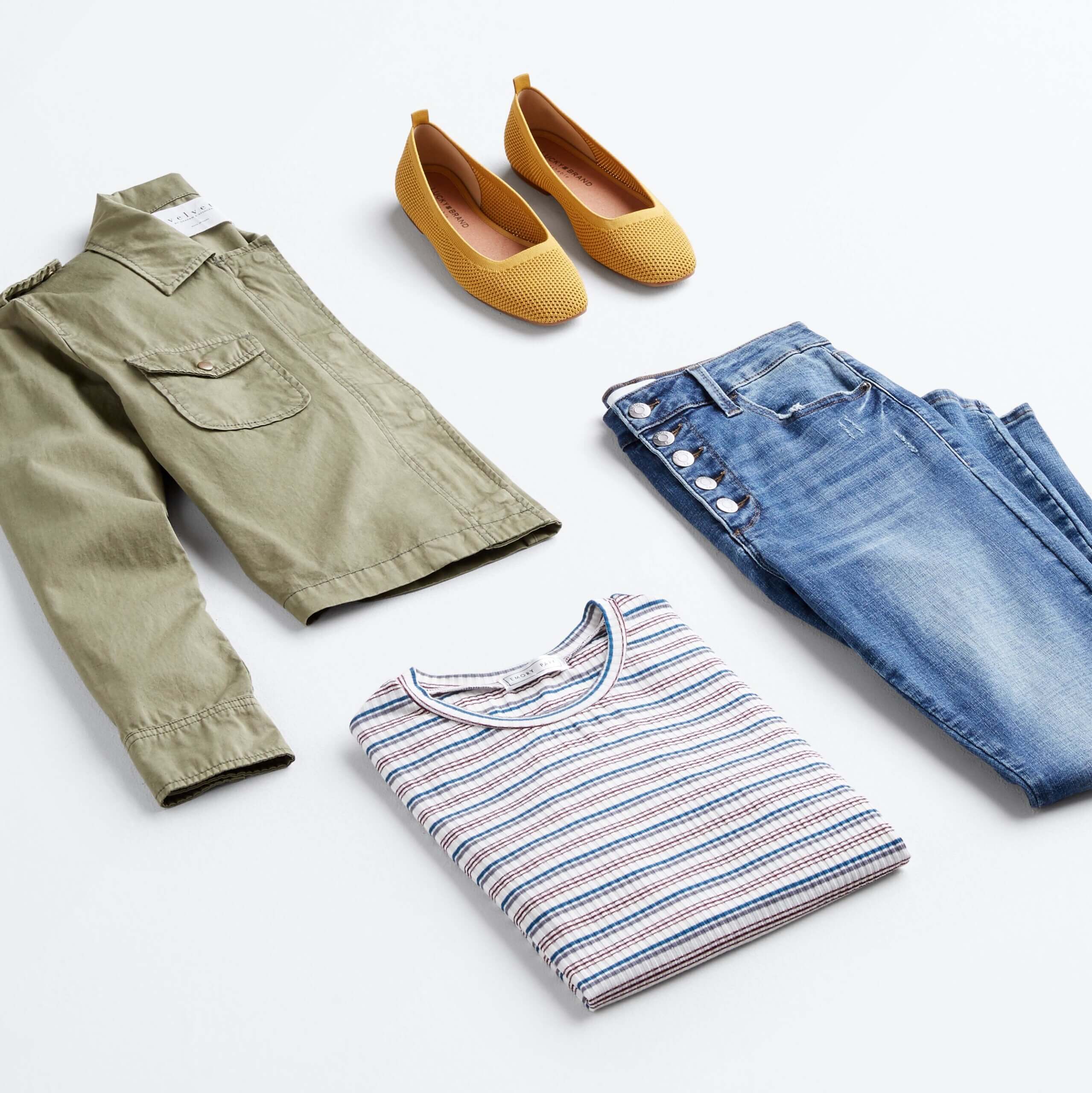 Stitch Fix women's shacket outfit featuring green shacket, red and white striped T-shirt, blue jeans and yellow flats.