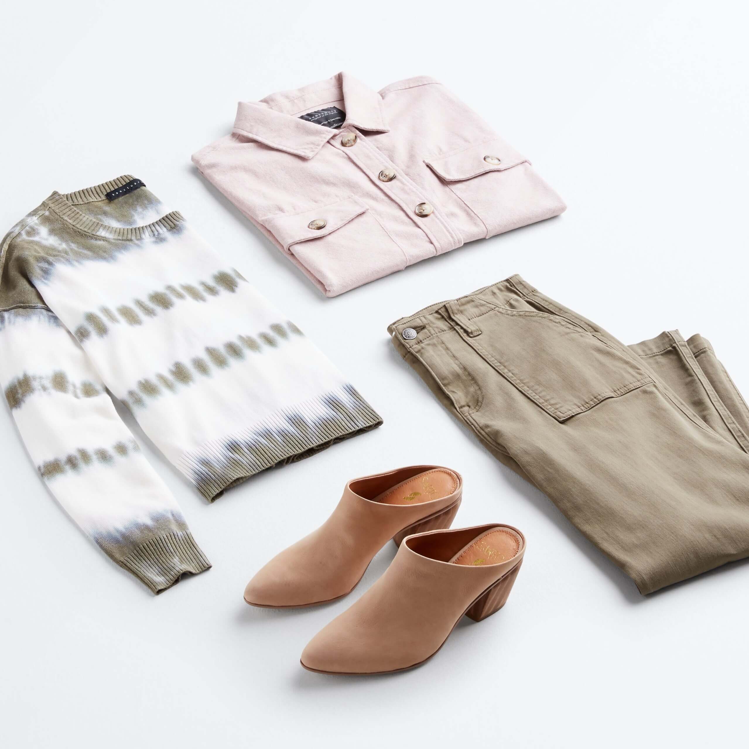 Stitch Fix women's shacket outfit featuring green and white tie-dye sweatshirt, pink shacket, green cargo pants and brown mule shoes.
