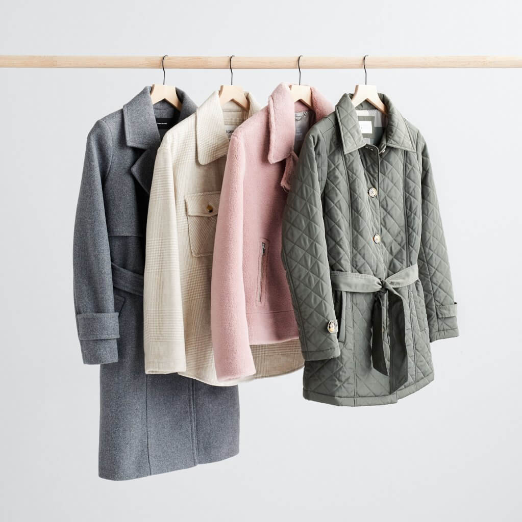 Stitch Fix women’s outerwear collection with grey wool coat, off-white shacket, pink wool jacket, olive quilted jacket with tie-waist.