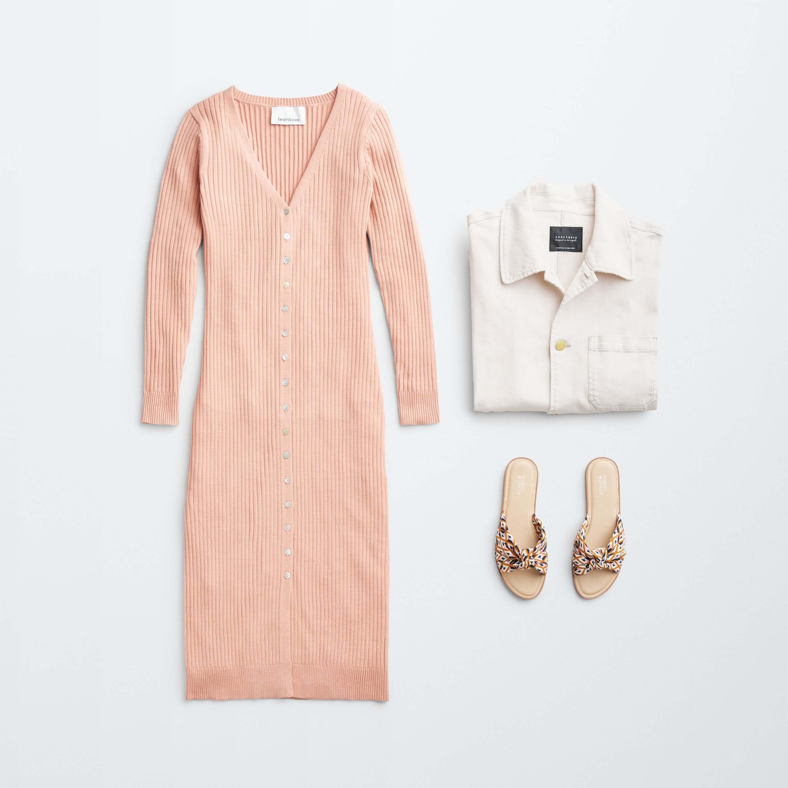 Stitch Fix Women's outfit laydown featuring a blush pink knit midi dress, cream utility jacket and knotted slide sandals with brown animal print.