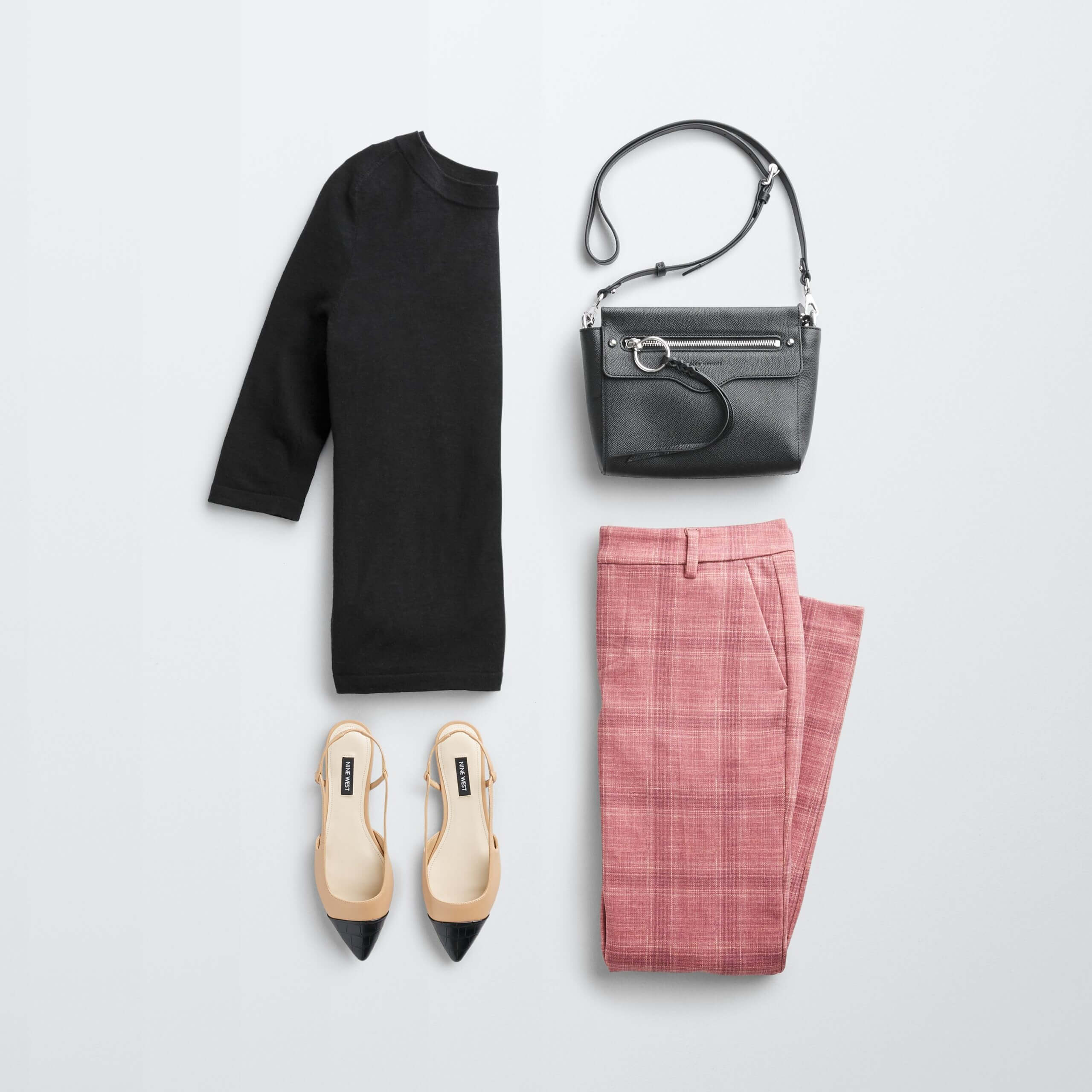 Stitch Fix Women’s outfit laydown featuring pink windowpane patterned pants, black tunic, slingbacks and black bag.