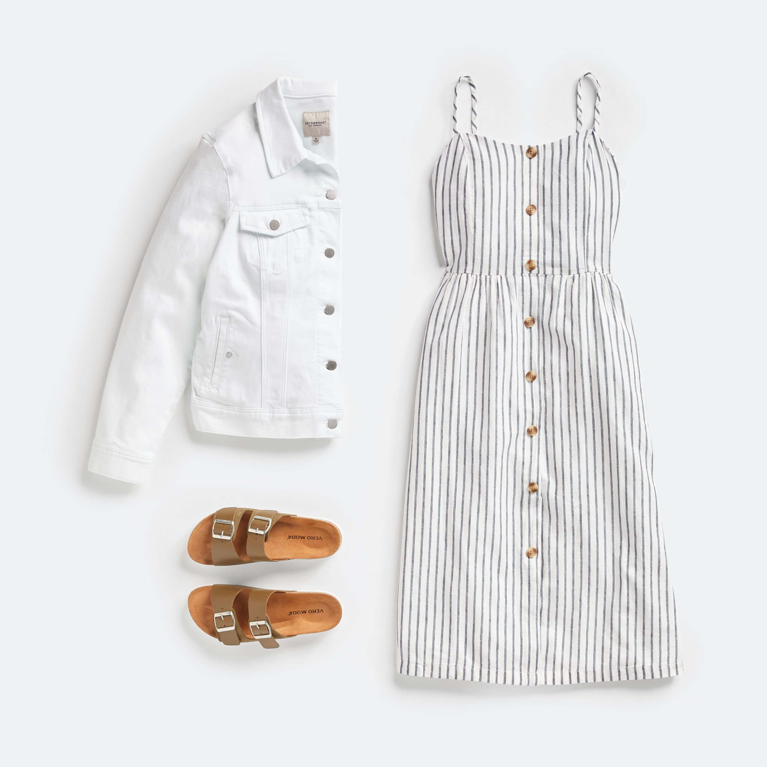 Stitch Fix women’s 4th of July outfit laydown featuring blue and white striped button-front dress, white denim jacket and brown sandals with buckle straps.