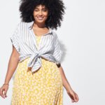 Stitch Fix women’s model wearing resort wear outfit featuring yellow floral-print dress with blue and white stripe short-sleeve button-down tied at the waist.
