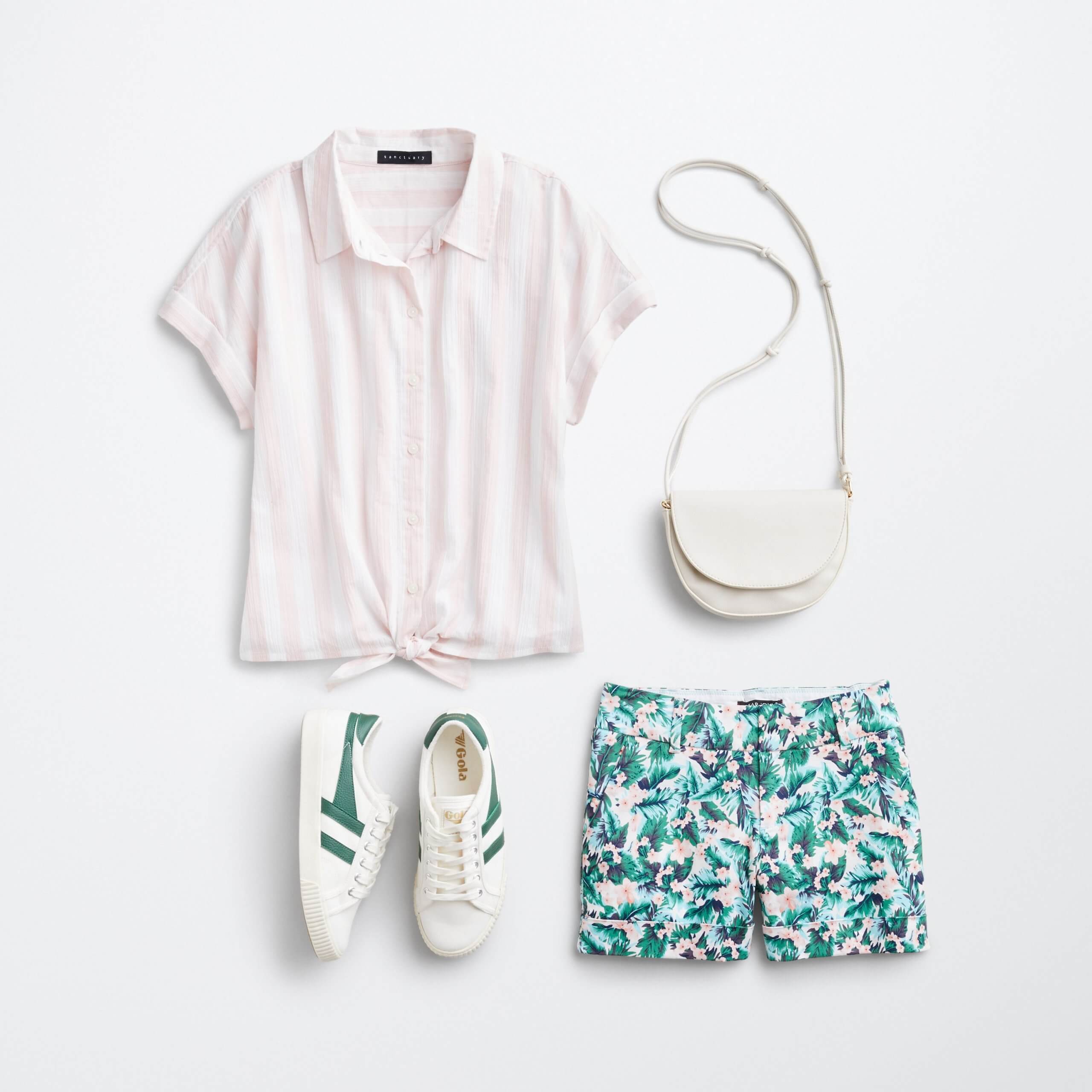 Stitch Fix women’s outfit laydown featuring green and white sneakers, pale pink striped shirt, printed shorts and white crossbody bag.