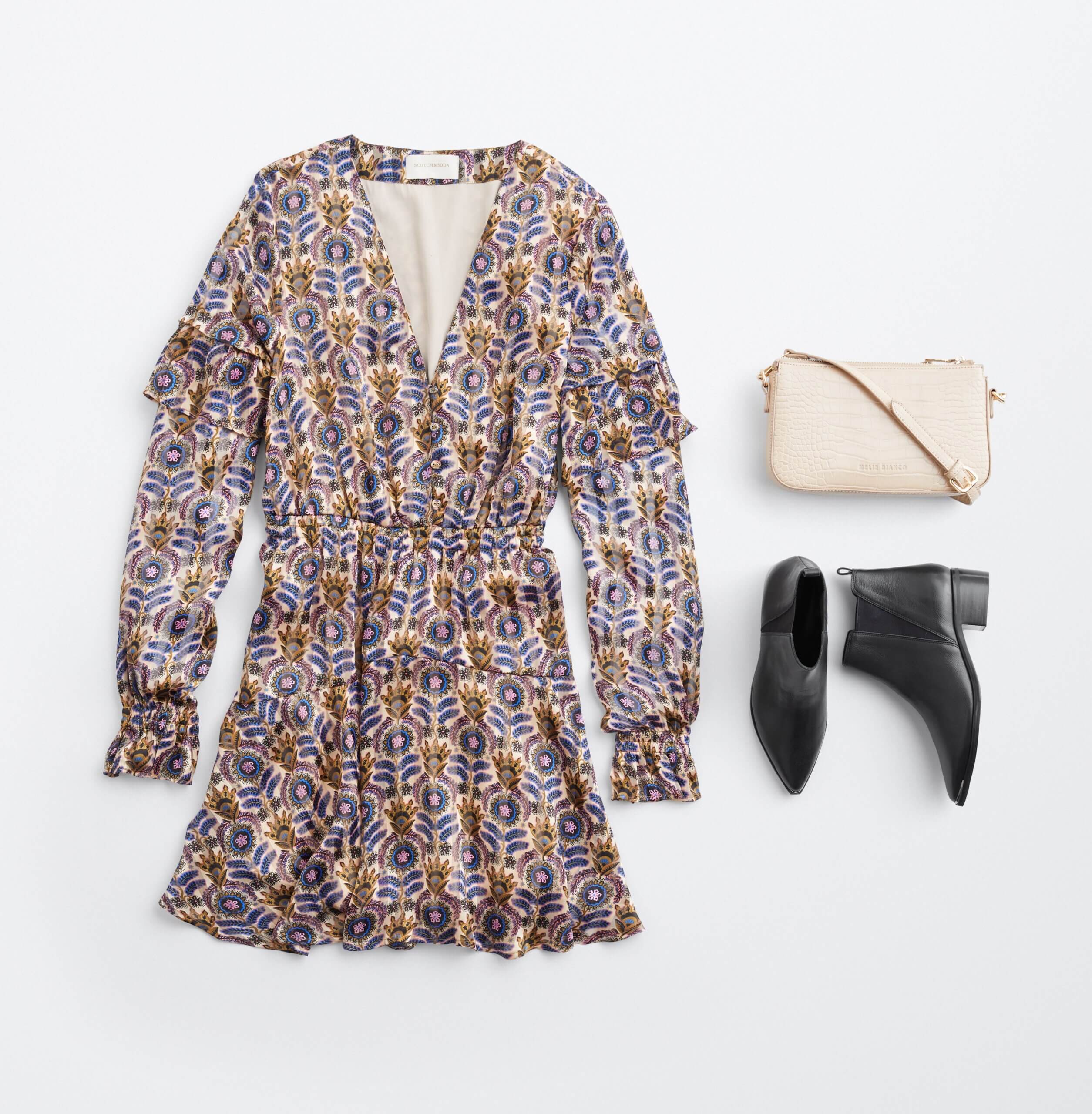 Stitch Fix Women's outfit laydown featuring beige, brown, blue and pink boho-print dress, cream crossbody purse and black leather booties. 