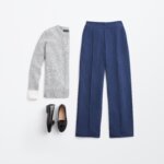 Stitch Fix women's classic style outfit featuring navy wide-leg pants, grey sweater and black loafers.