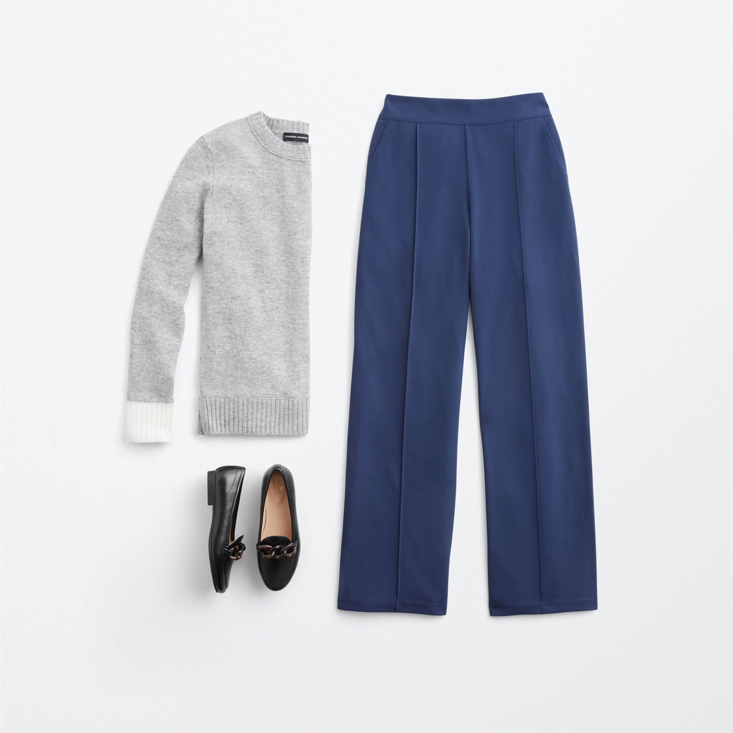 Stitch Fix women's classic style outfit featuring navy wide-leg pants, grey sweater and black loafers.