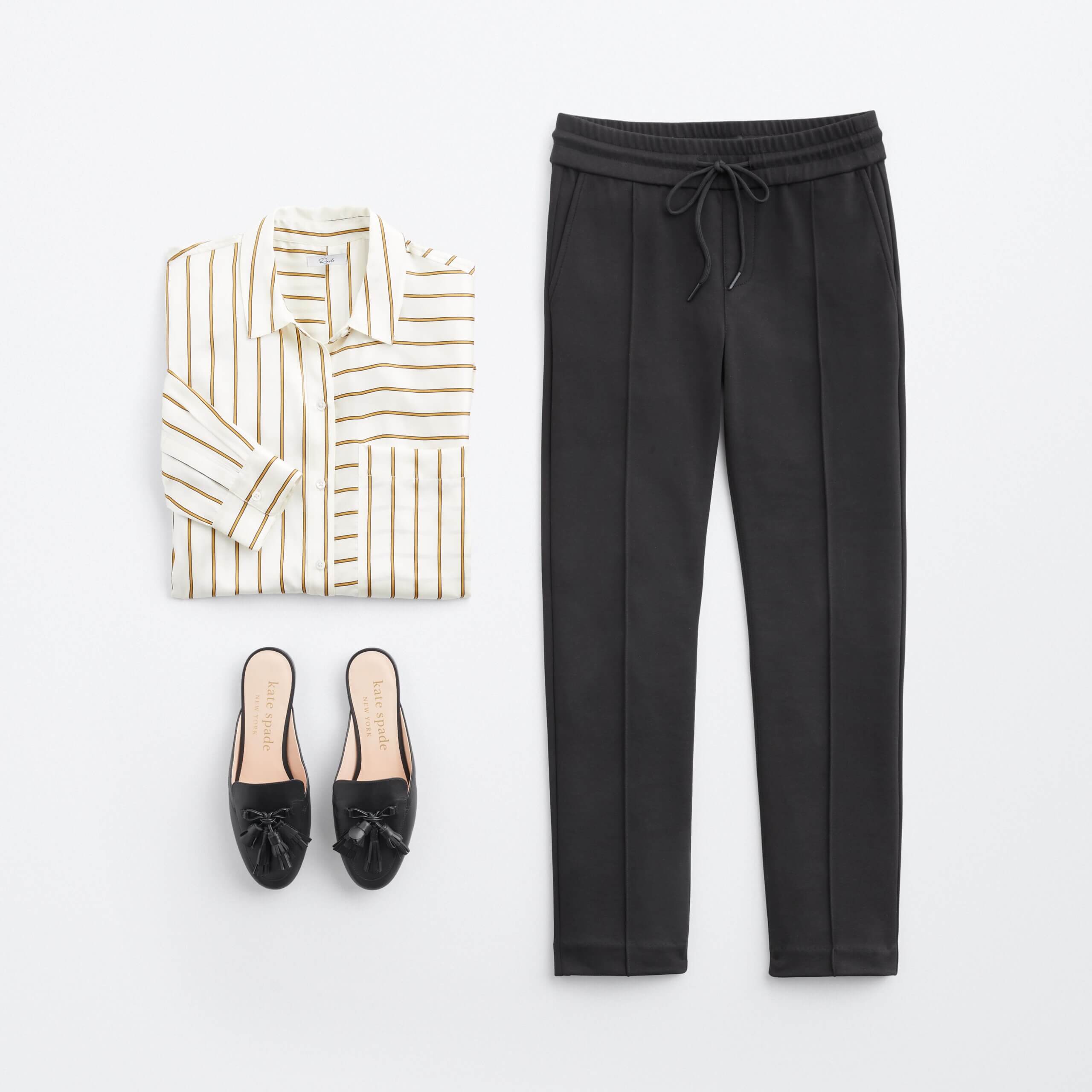 Stitch Fix women’s business comfort outfit with black joggers, gold and beige striped button-down shirt and black mules with tassels.