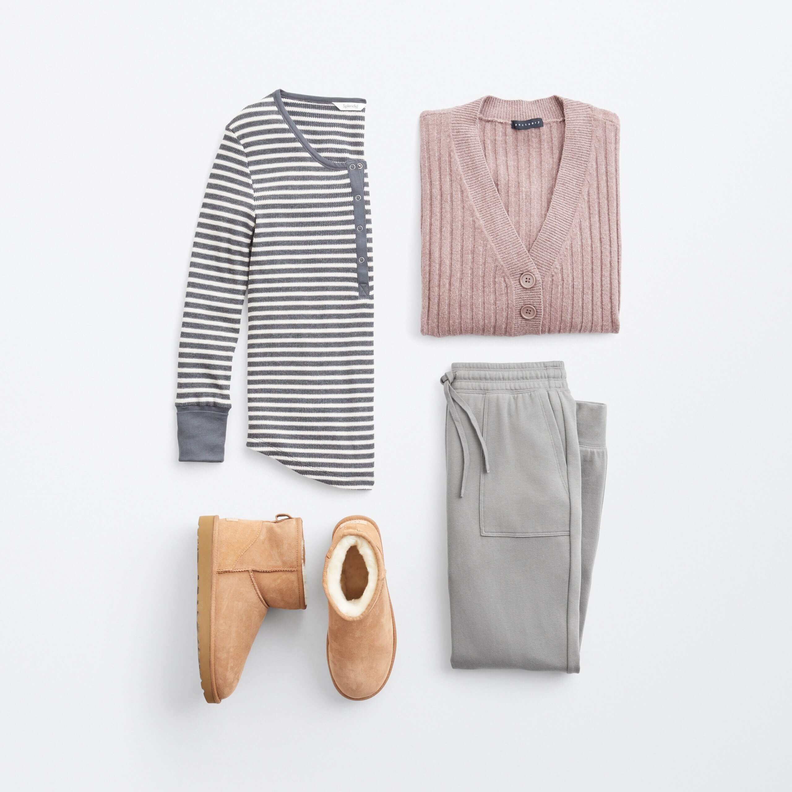 Stitch Fix women's cabincore outfit featuring gray and white stripe long sleeve henley, pink button-down cardigan, gray jogger pants, and tan sherpa boots.