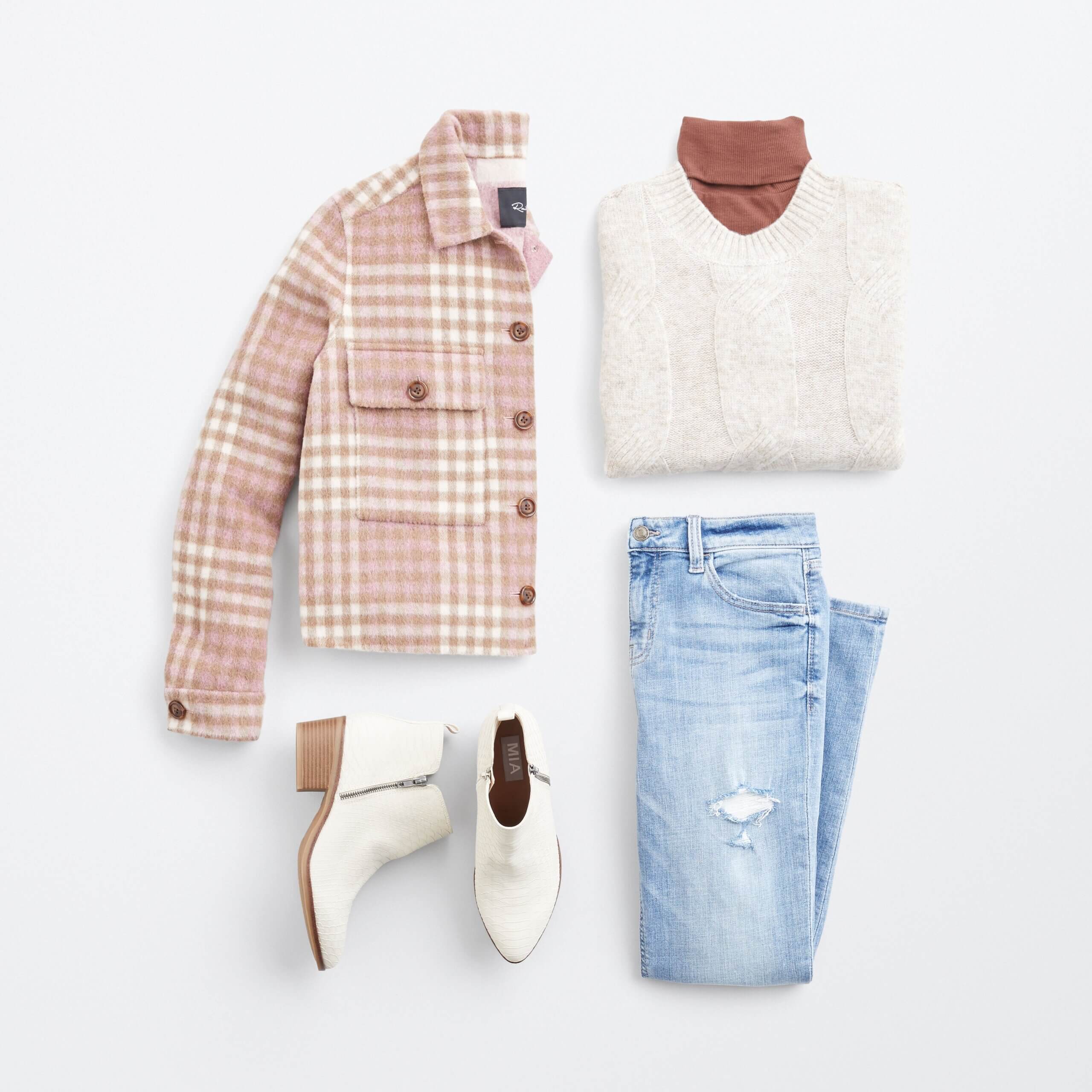 Stitch Fix women's cabincore outfit featuring pink and cream plaid shacket, white sweater over brown turtleneck, blue distressed denim and white booties.