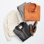Stitch Fix women’s winter business casual outfit with plaid trousers, orange blouse, cream cardigan, faux leather jacket and leopard print mules.