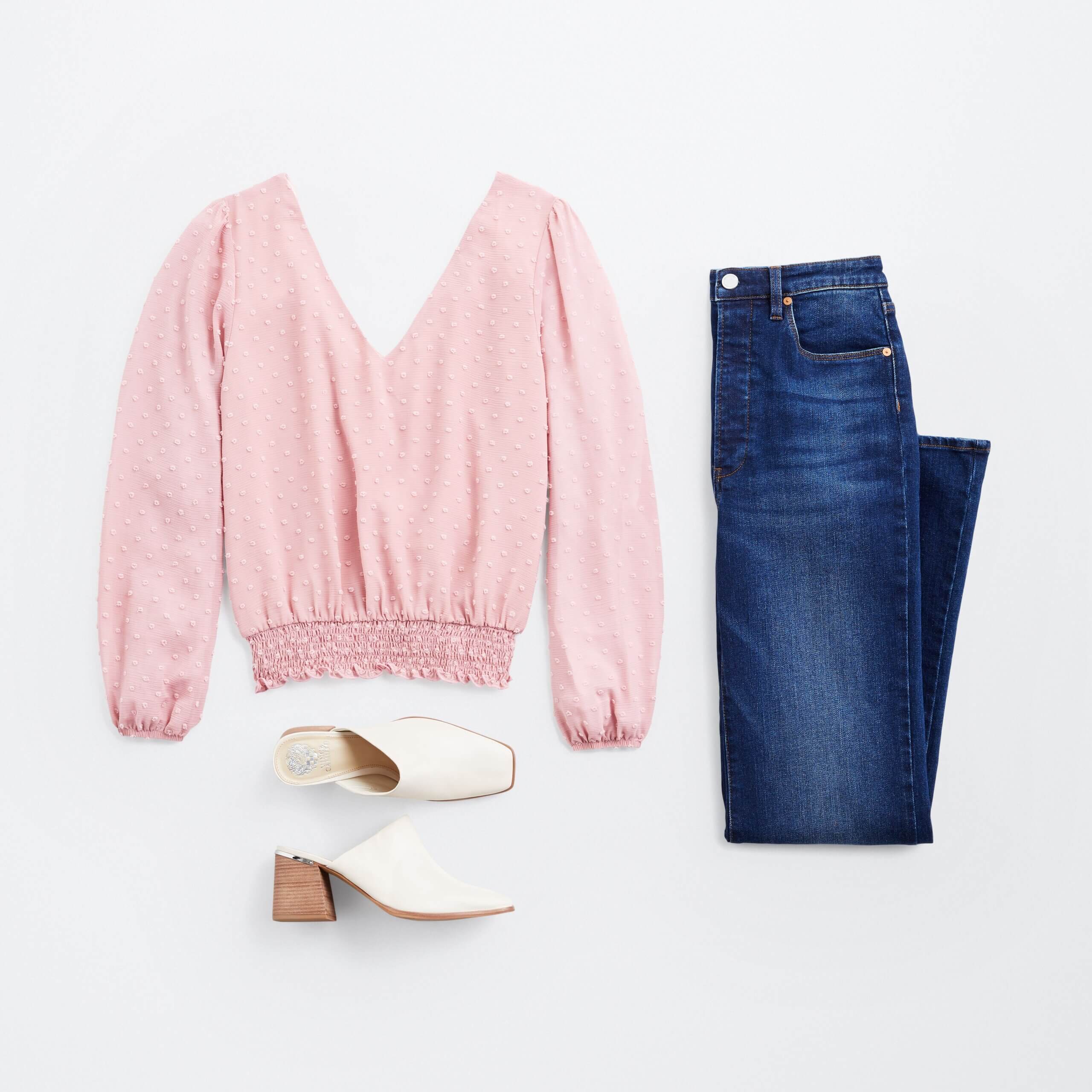 Stitch Fix women's outfit laydown featuring pink cinched-waist top, dark wash denim and mule heels. 