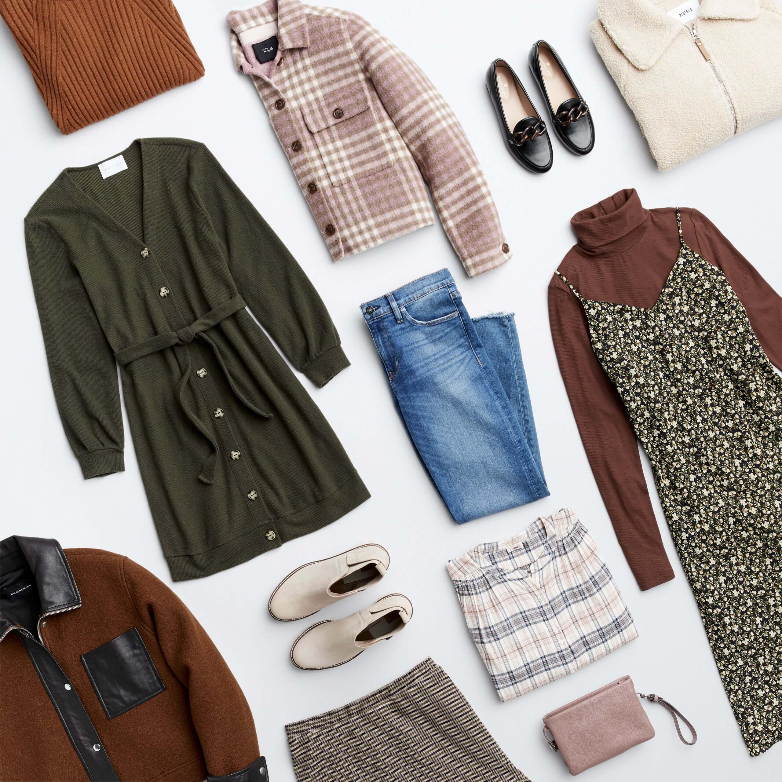 Stitch Fix women’s outfit laydown featuring grey button-front tie-waist dress, brown sweater, blush shacket, black loafers, cream fuzzy pullover, midi dress over brown turtleneck, blue jeans, blush pink blouse, blush clutch, white booties and brown fleece jacket. 