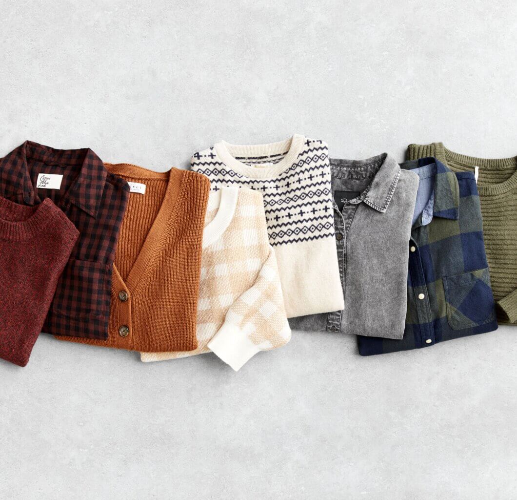 Stitch Fix women's tops and sweaters in various colors and prints.