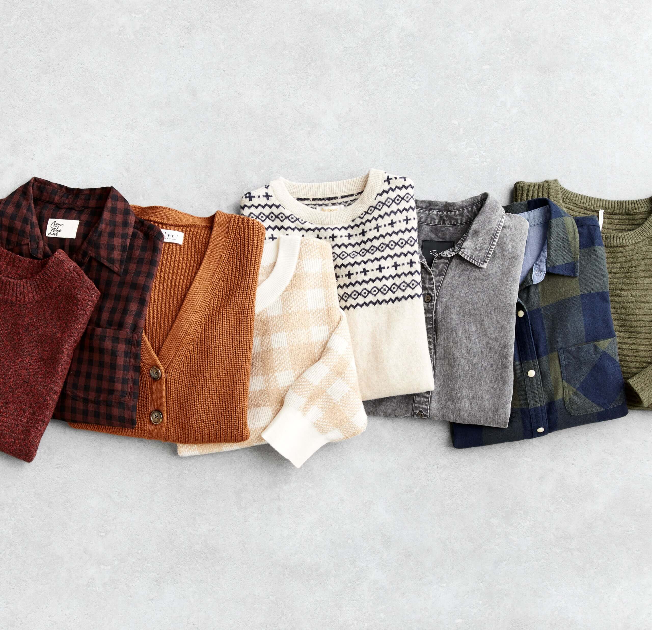Stitch Fix women's tops and sweaters in various colors and prints.
