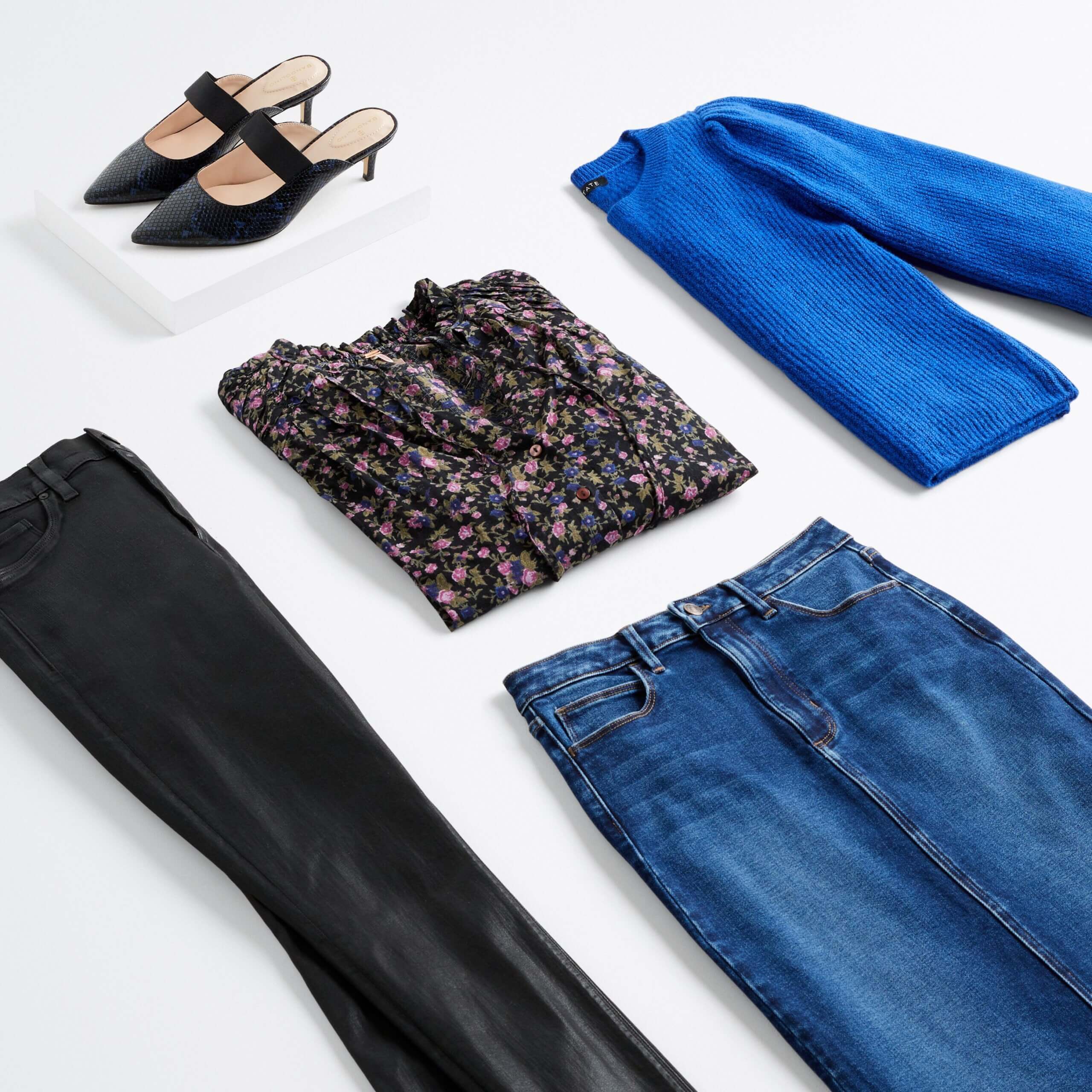 Stitch Fix women's petite with large bust outfit with black pants, denim skirt, floral blouse, black pumps and blue sweater.