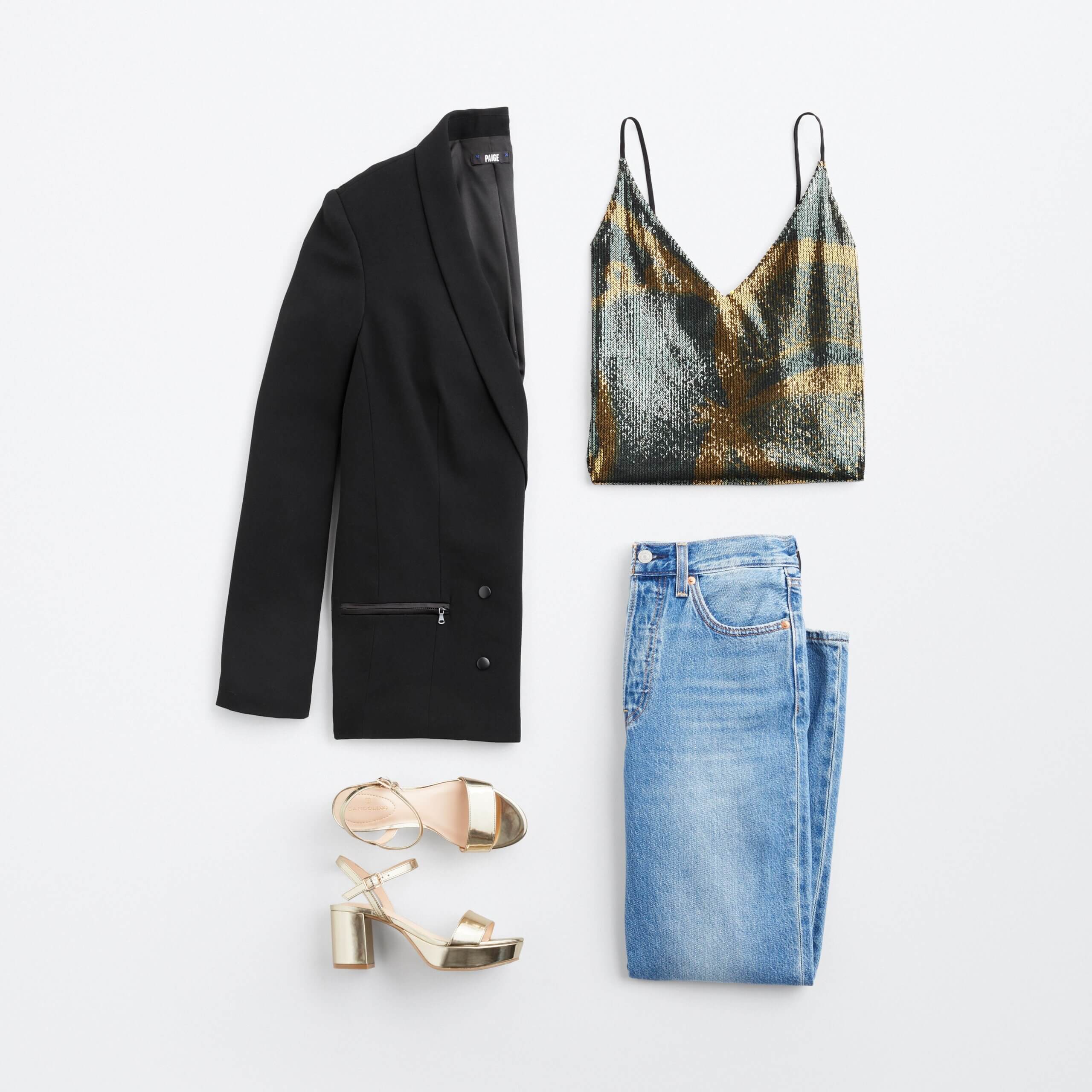 Stitch Fix women’s New Year’s Eve house party outfit with black blazer, gold and green sequin tank, gold heels and blue jeans.