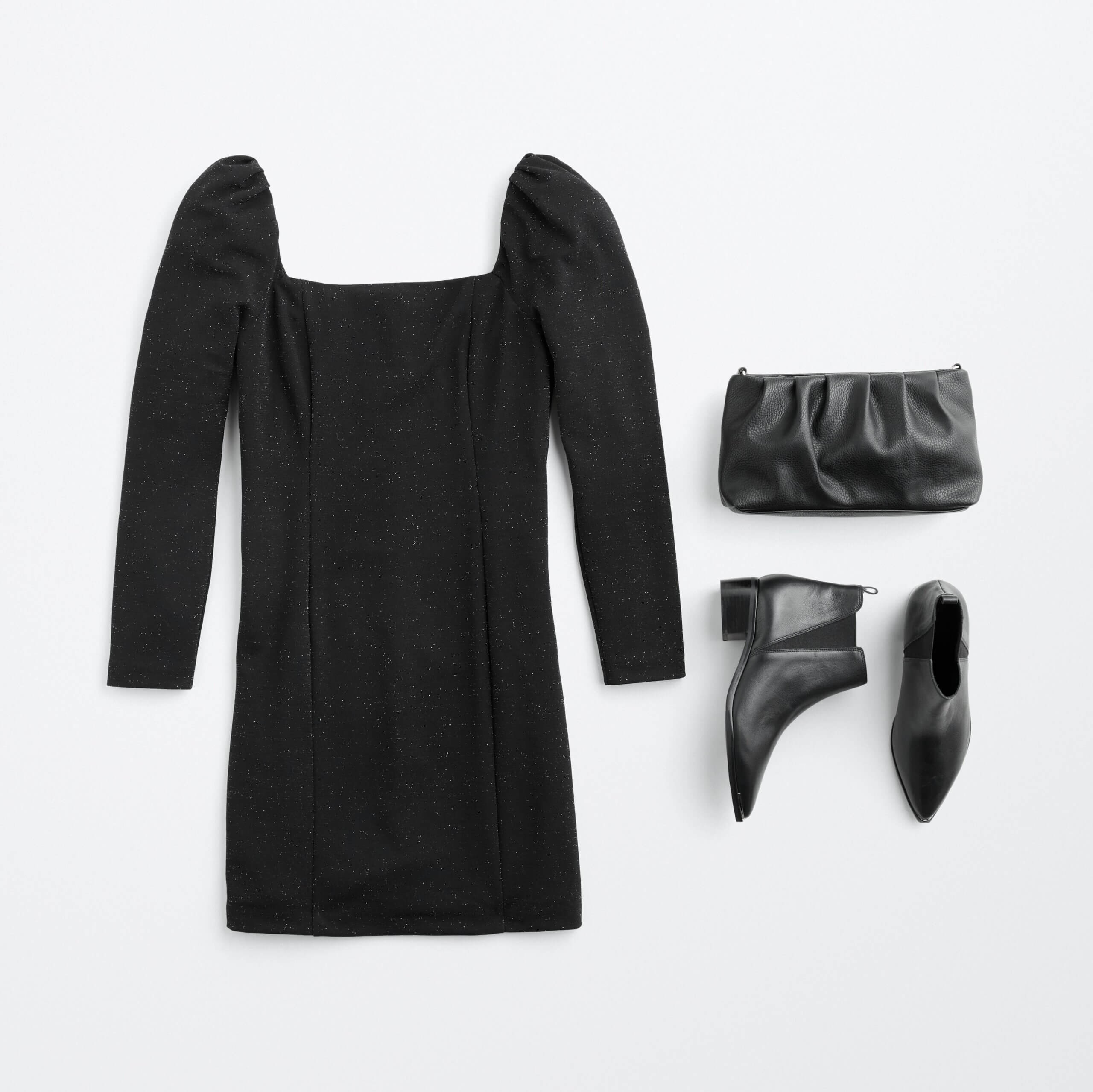 Stitch Fix women's petite with large bust outfit featuring black square-neck long-sleeve fitted dress, black clutch and booties.