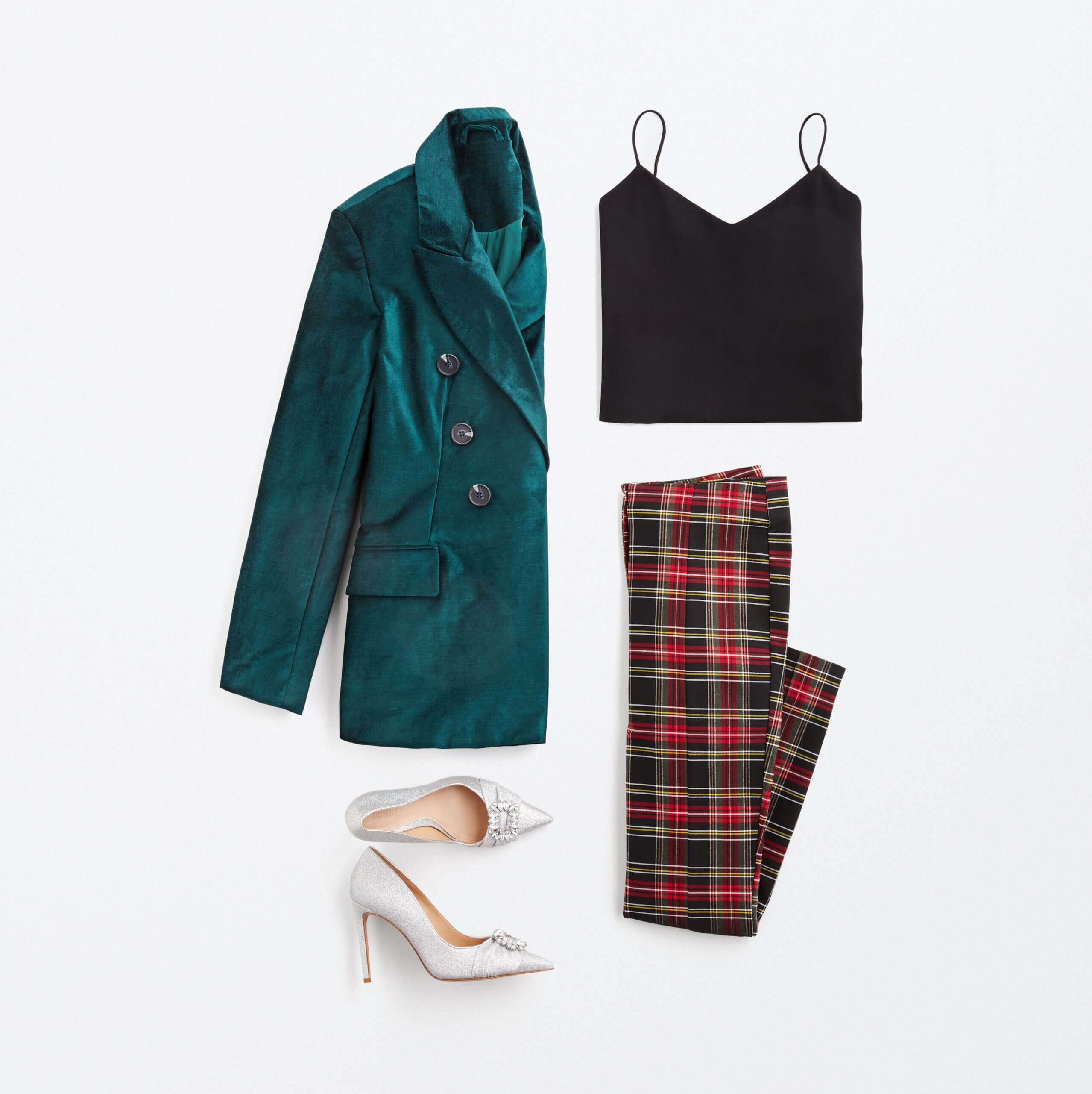 Stitch Fix women's outfit laydown featuring green velvet blazer, black camisole, red and black plaid pants and silver heels. 