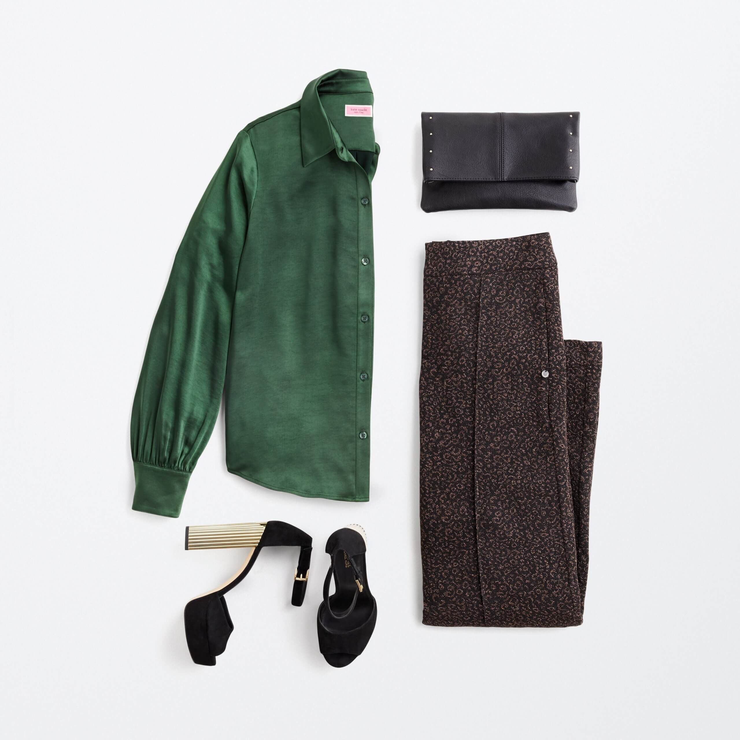Stitch Fix women's outfit laydown featuring green slik blouse, brown wide-leg pants, black heels and black clutch.