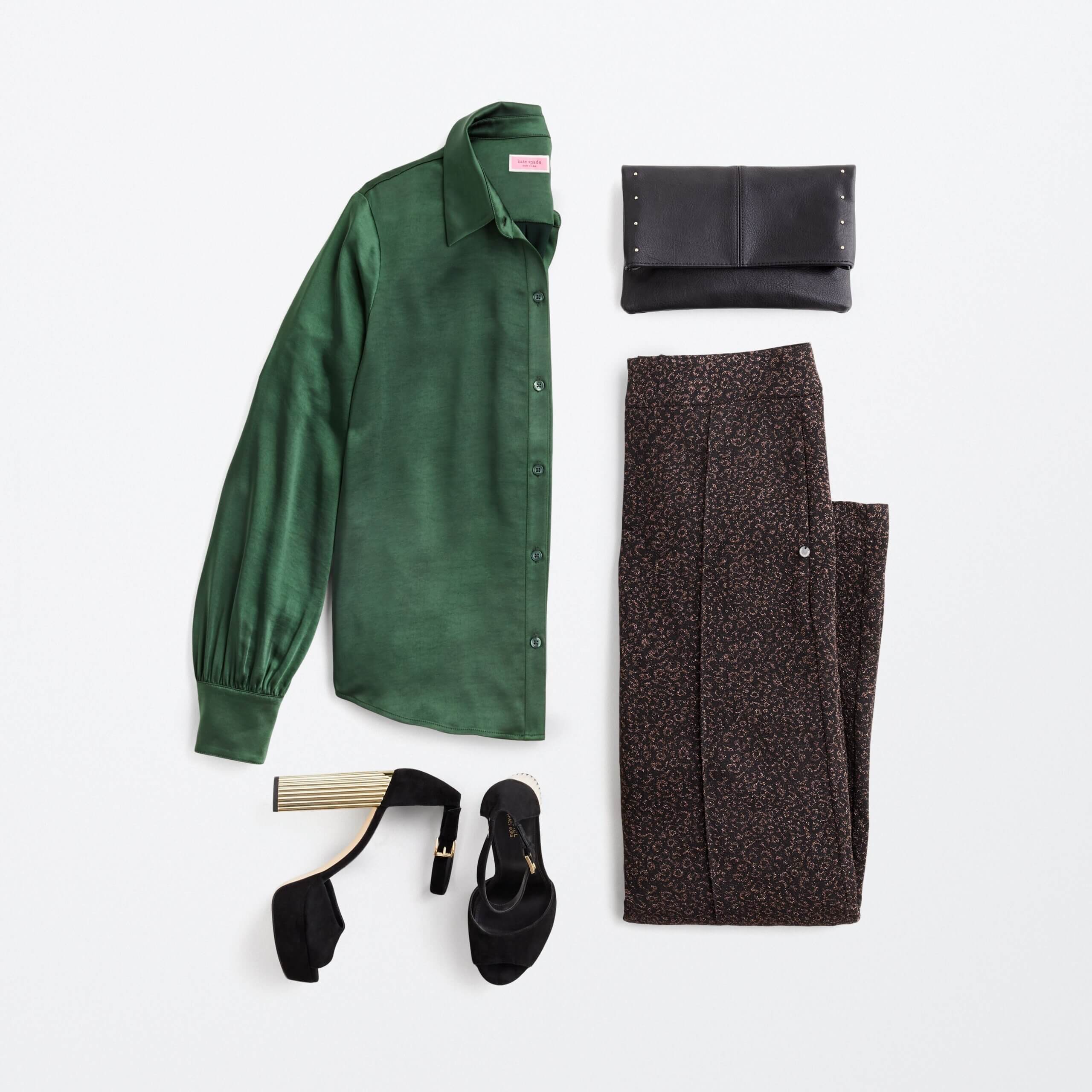 Stitch Fix women's outfit laydown featuring emerald green blouse, black wide-leg pants, black clutch and black strappy heels. 