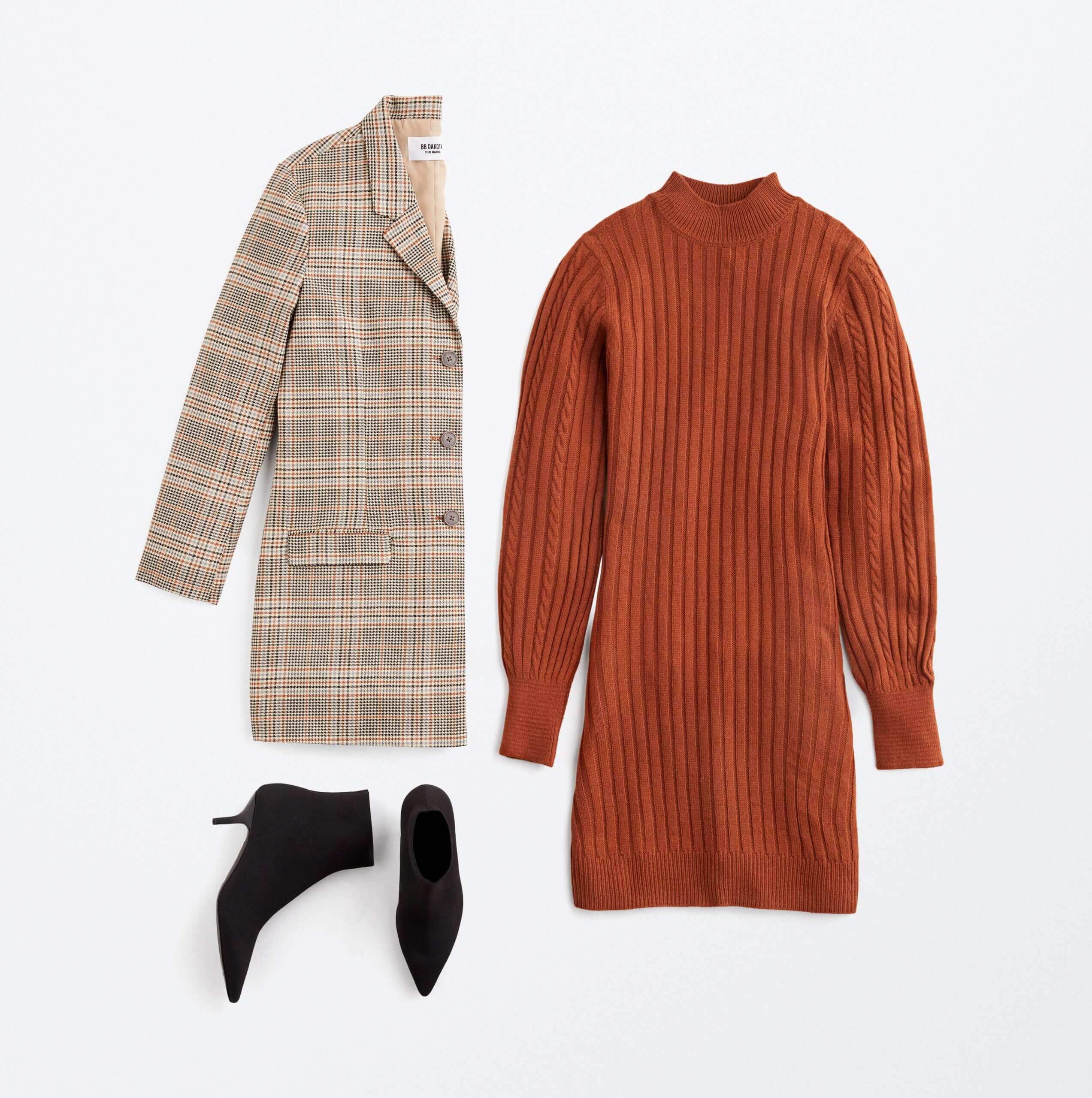 Stitch Fix women's classic style outfit featuring orange sweater dress, khaki plaid blazer and black booties.