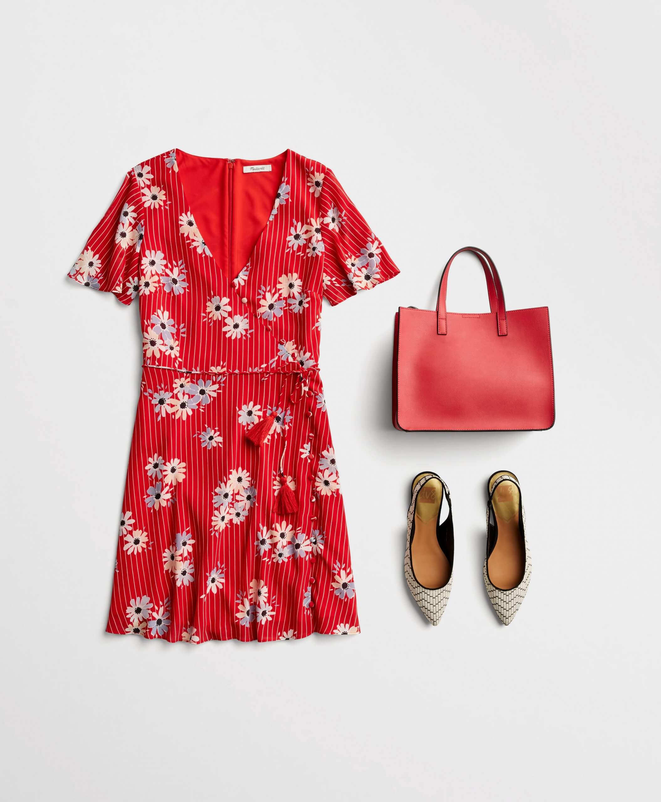 Stitch Fix women’s 4th of July outfit laydown featuring a red floral dress, a red purse and flats.