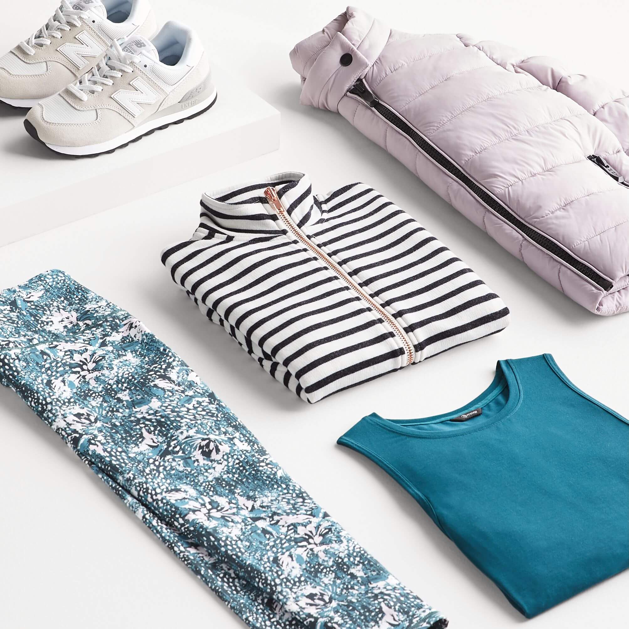 Stitch Fix Women’s Athleisure featuring leggings, pink jacket, tank top and stripped zip top.