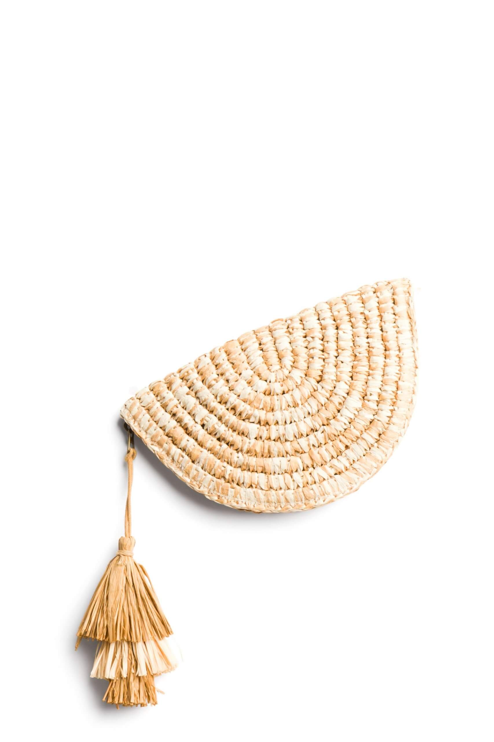 Stitch Fix women’s brown woven clutch with pom zipper pull.