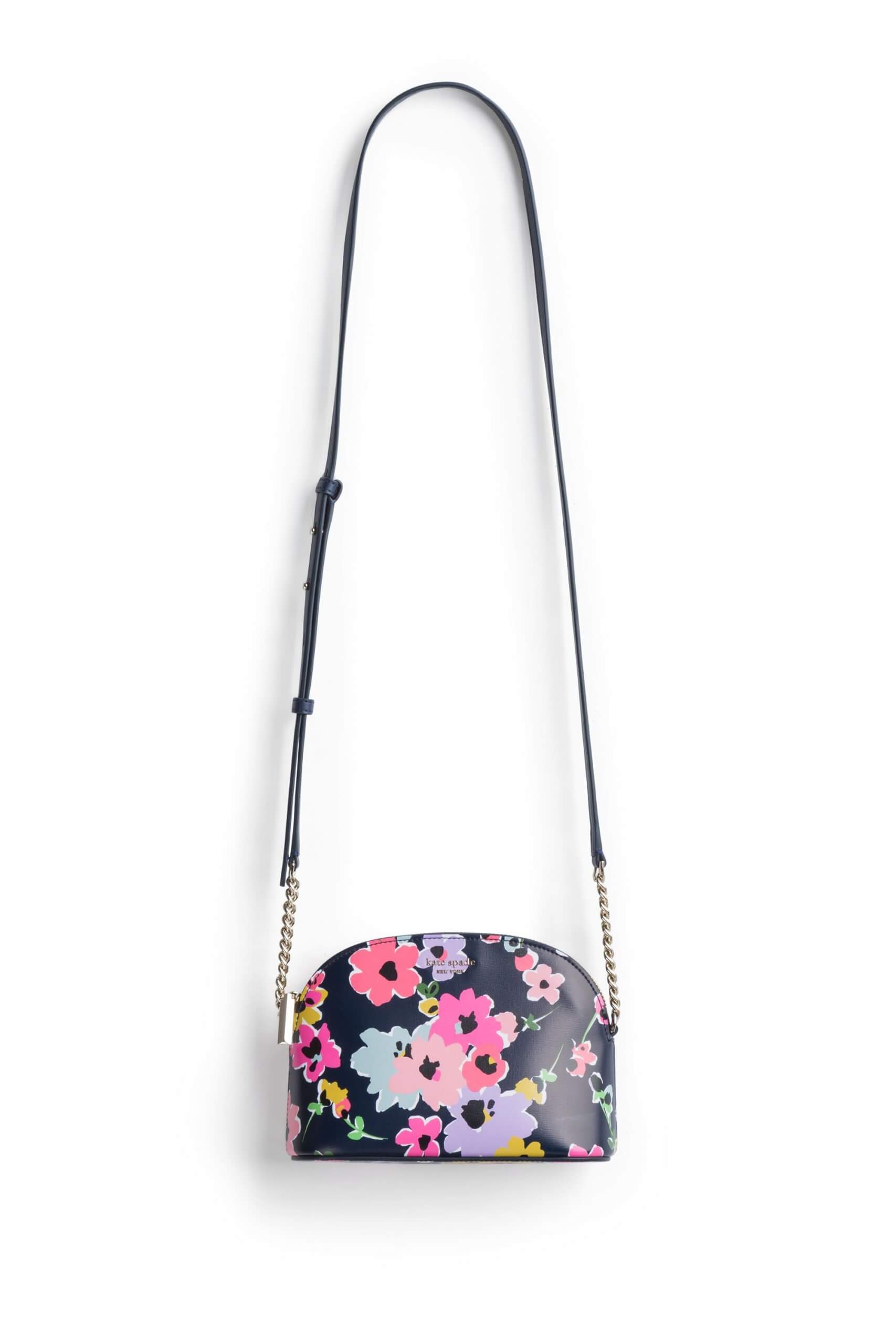 Stitch Fix women’s black crossbody bag with pastel floral print.
