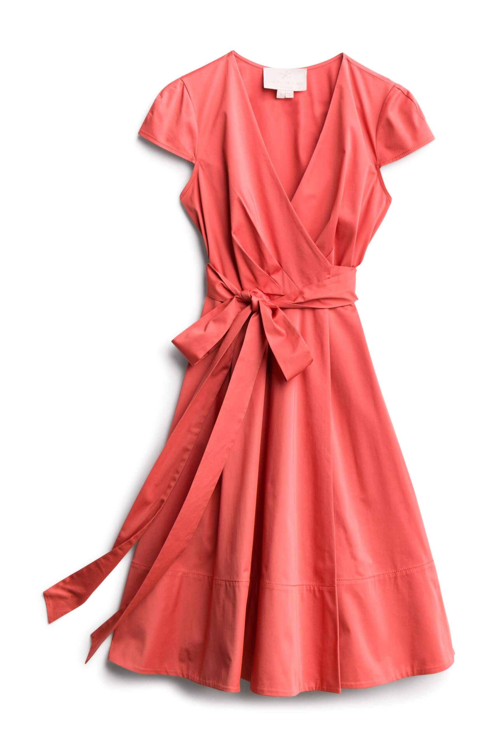Stitch Fix Women’s coral a-line wrap dress with tie waist detail.