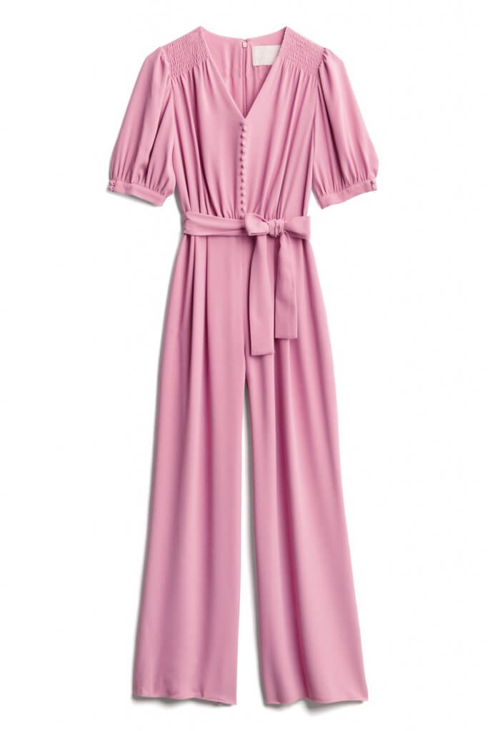 Stitch Fix women’s pink short-sleeve jumpsuit with button front and tie-waist.