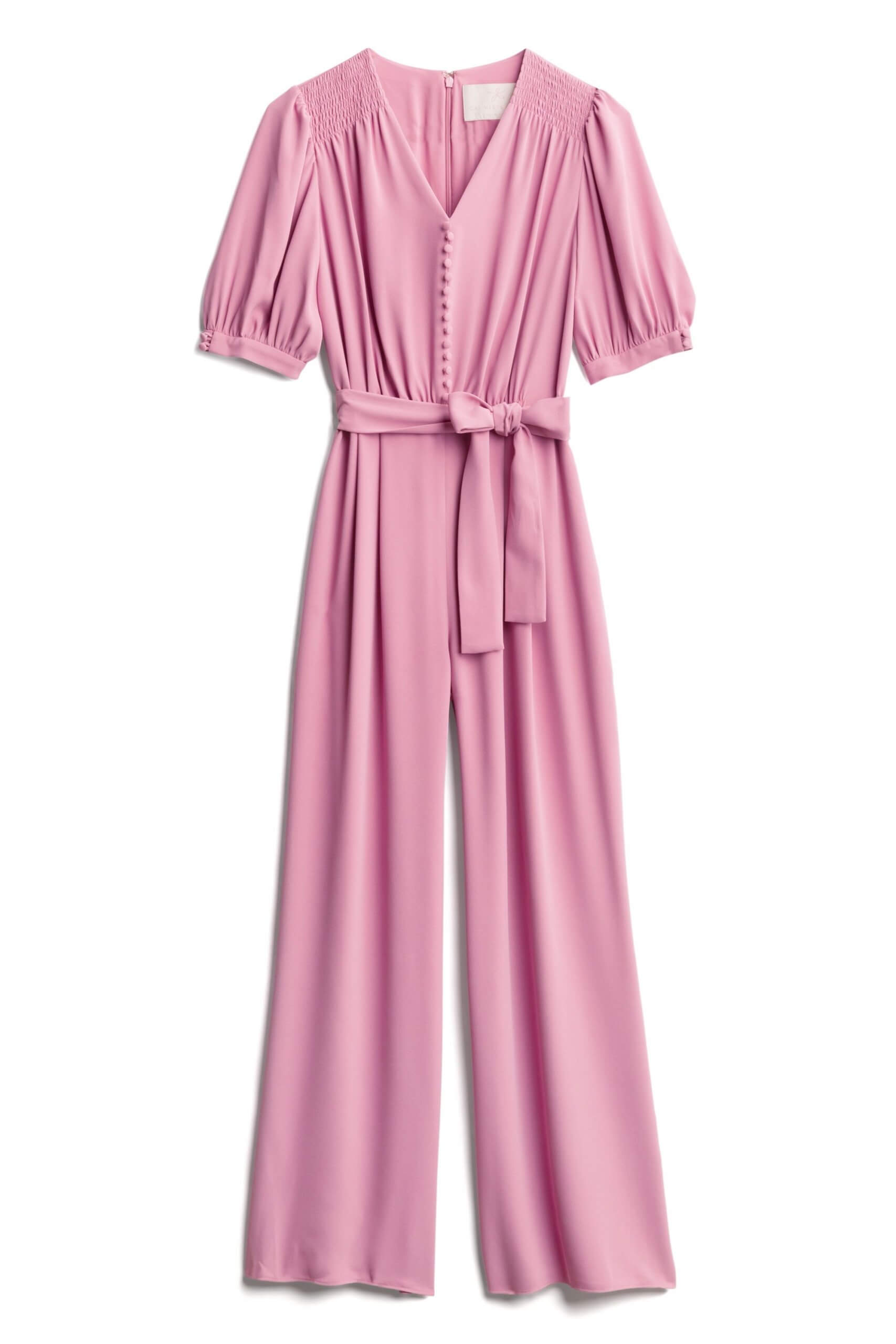 Stitch Fix women’s pink short-sleeve jumpsuit with button front and tie-waist.