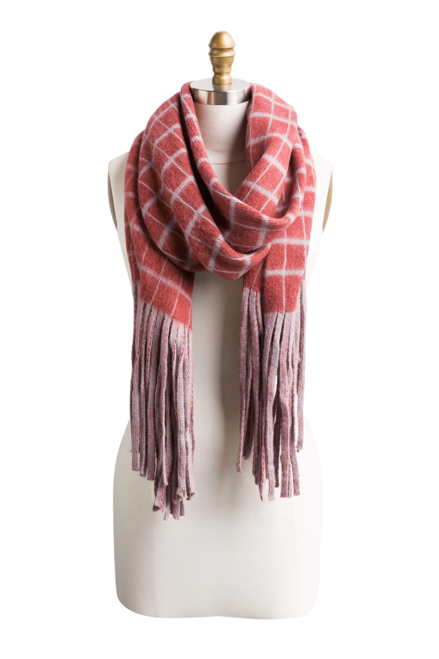 Stitch Fix women’s dark pink and white plaid scarf with fringe ends.