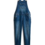 Stitch Fix women’s maternity blue jean overalls with copper fasteners.