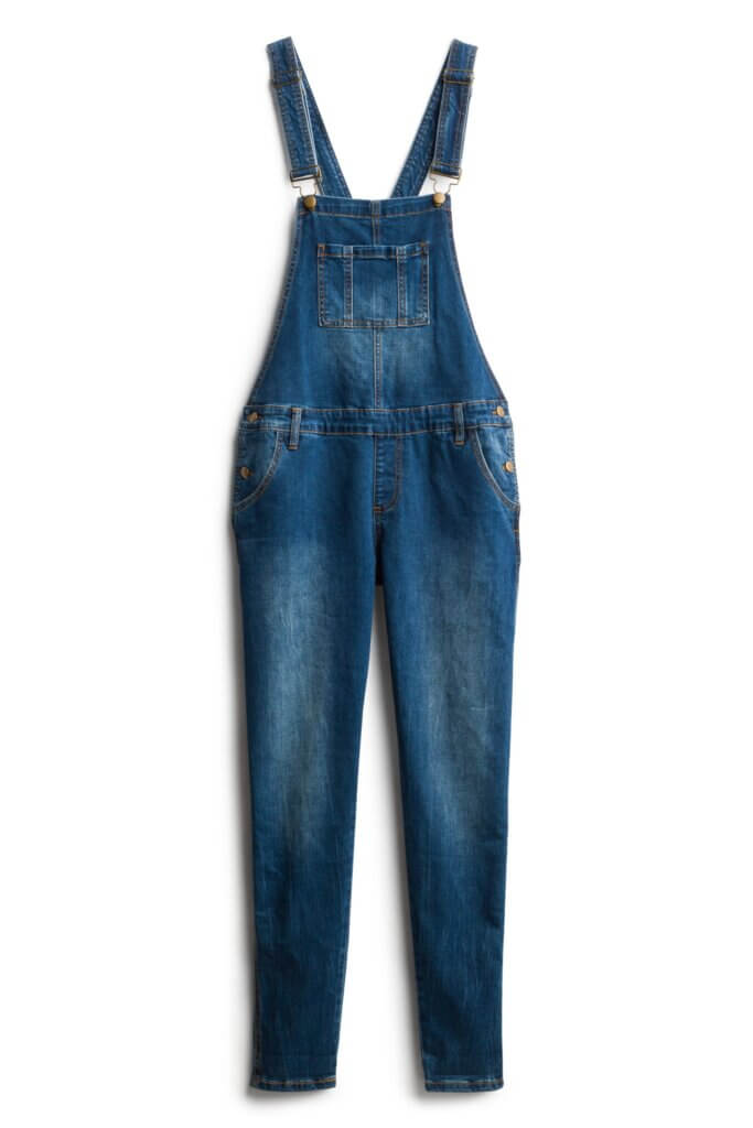 Stitch Fix women’s maternity blue jean overalls with copper fasteners.