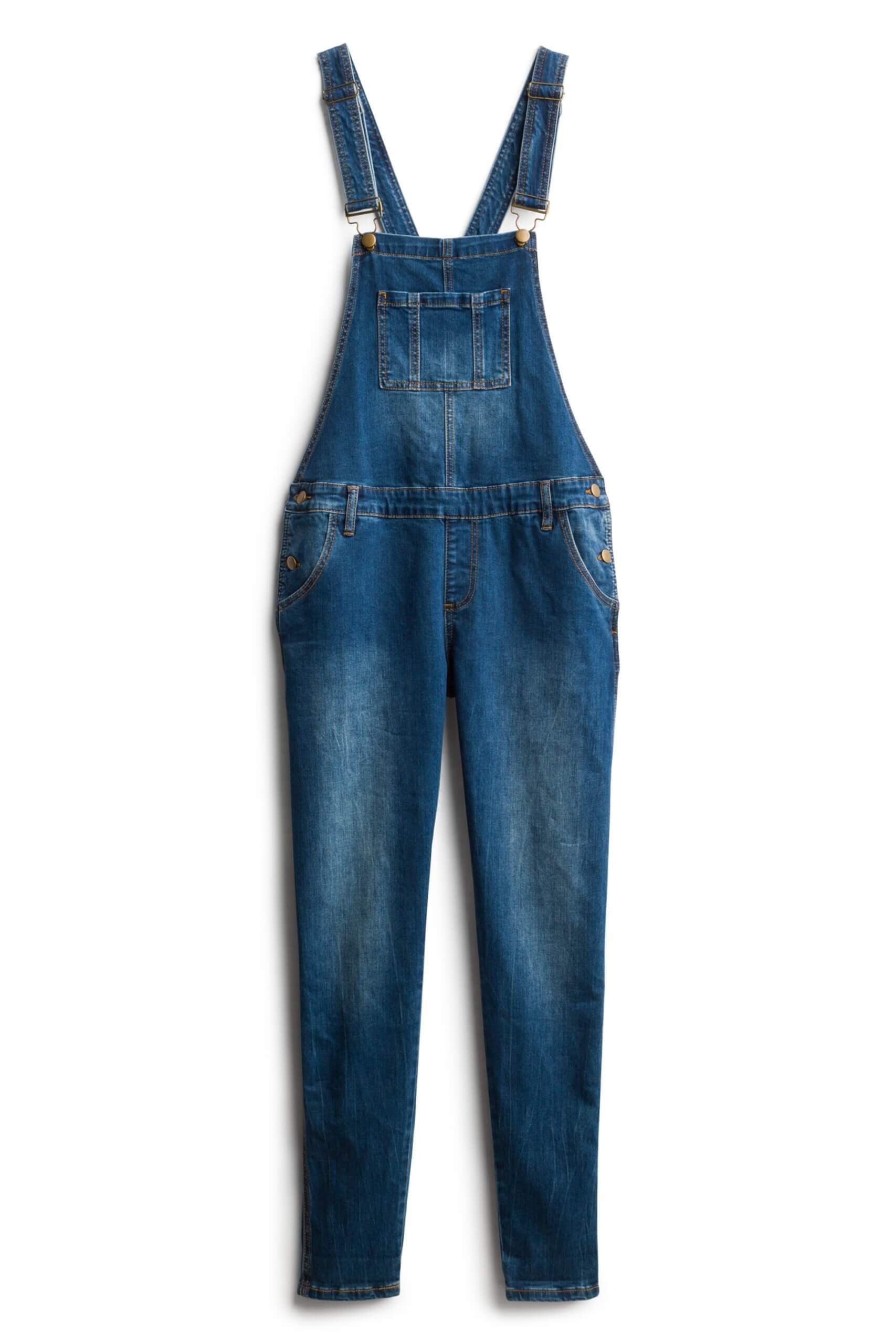 Stitch Fix women’s maternity blue jean overalls with copper fasteners.