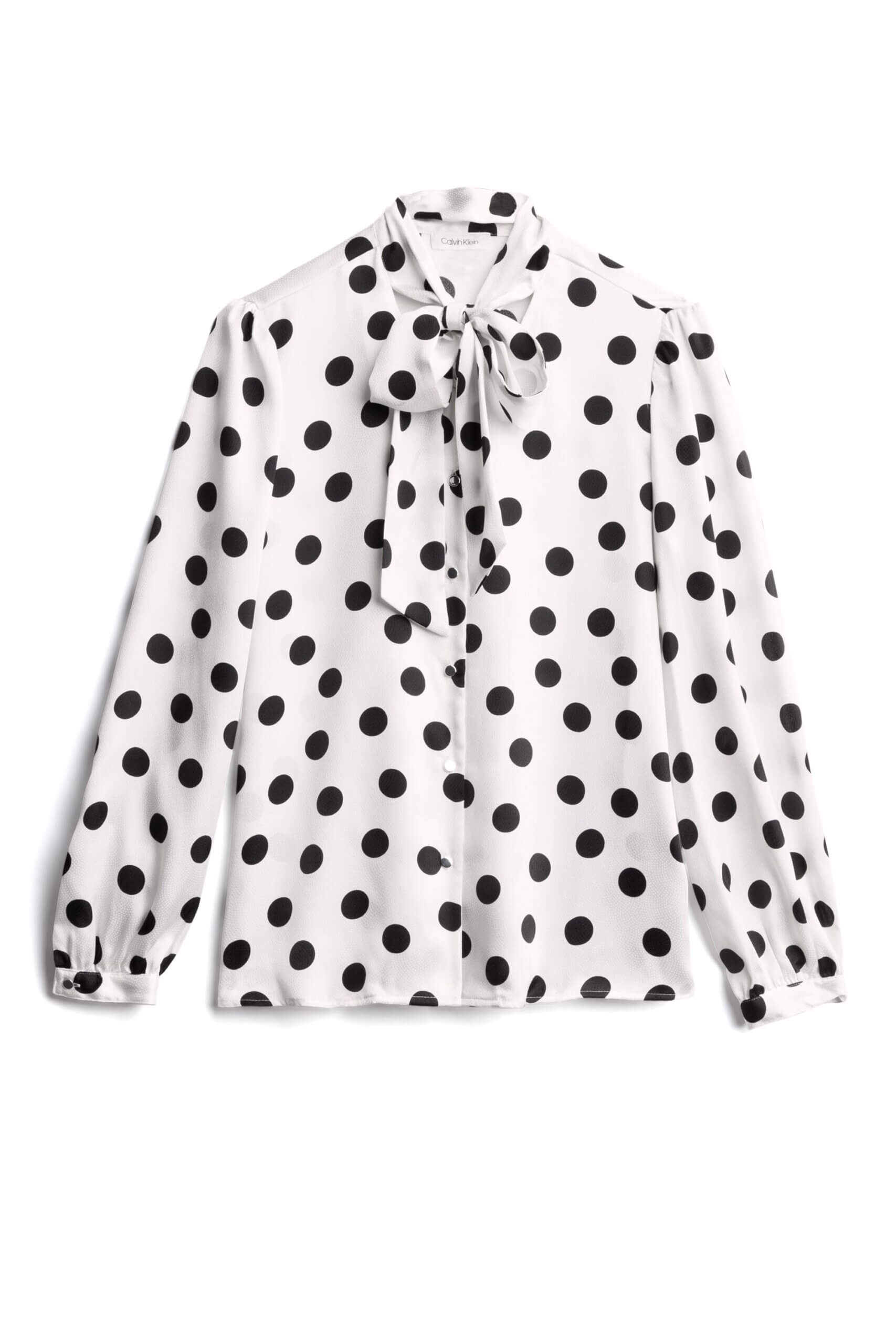 Stitch Fix women’s white and black polka dot print tie-neck blouse.